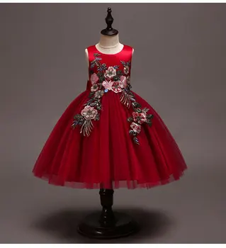 

2019 girls dress girls red dress princess skirt children puffed yarn girls embroidered catwalk dress