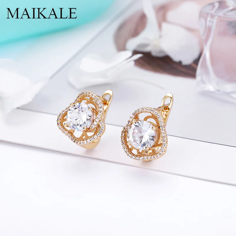

MAIKALE Fine Jewelry Rose Flower Shape Stud Earrings Cubic Zirconia Beads Gold Silver Color CZ Geometric Earrings for Women Gift