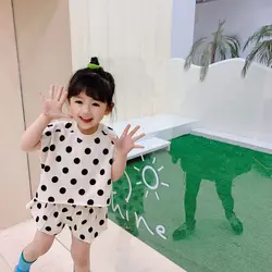 Bebê menina conjunto de verão novo grande dot print manga curta t shirts + cintura elástica shorts bonito meninas duas peças ternos crianças roupas