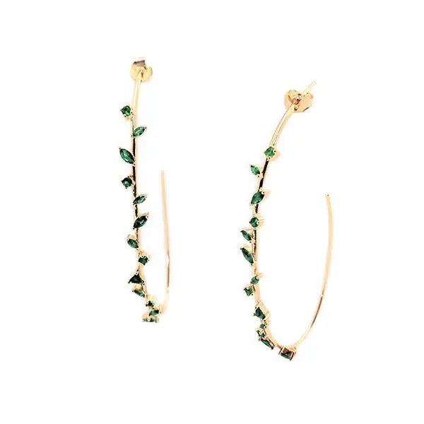 Женские серьги кольца с фианитом золотистые листьями и фианитами красного