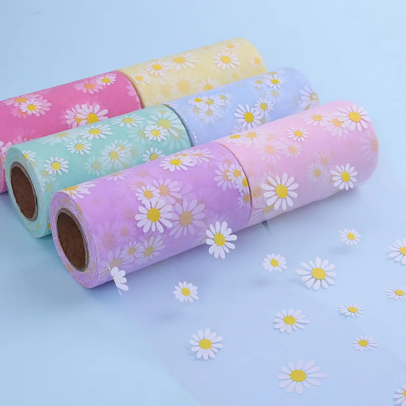 25Yards 6cm Small Daisy Printed Mesh Roll Tulle Ribbon Fabric DIY Craft Wedding Home Birthday Decoration Bow Materia