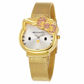 

Hello Kitty Women Dress Watch Girls Fashion Cartoon Stainless Steel Mesh Belt Metal Ladies Watch Quartz Clock for Kids Children