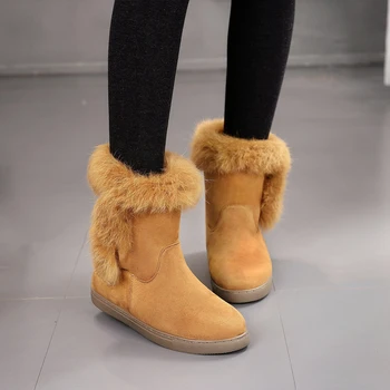 

2020 Faux Suede Leather Winter Warm Fur Tassel Plush Ankle Snow Boots With Platform Low Heels Short Booties Women Flat Shoes