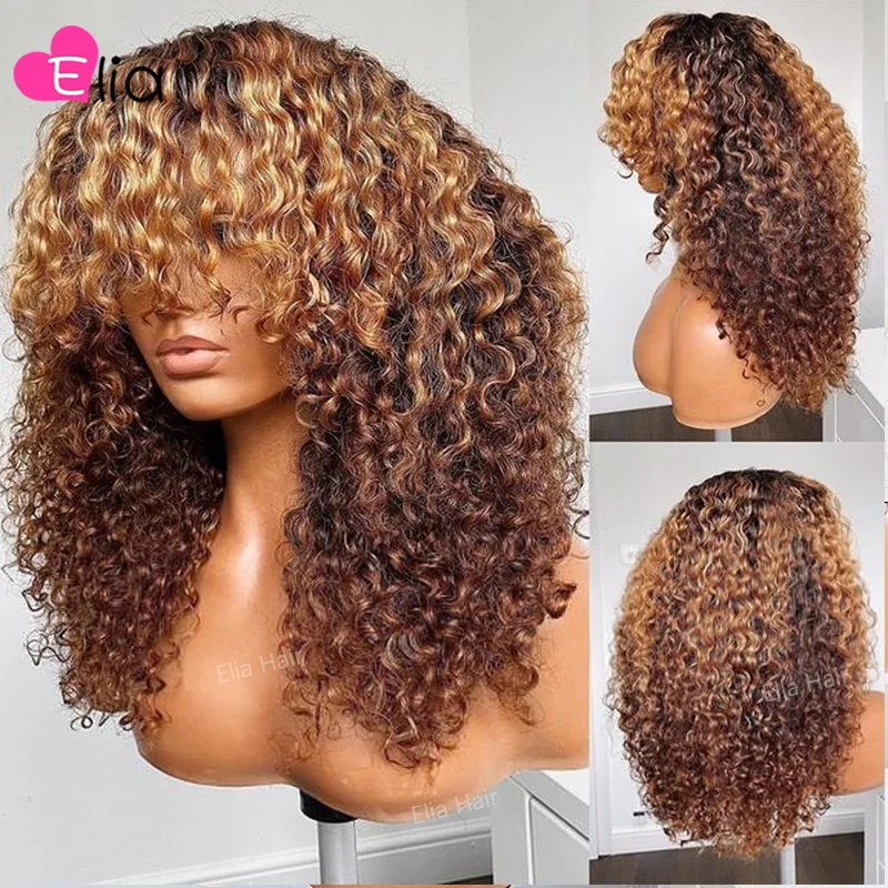 Elia Colored Afro Curly Human Hair Wigs With Bangs Full Machine Made Wigs 100% Human Hair Brazilian Remy Hair For Women 200%