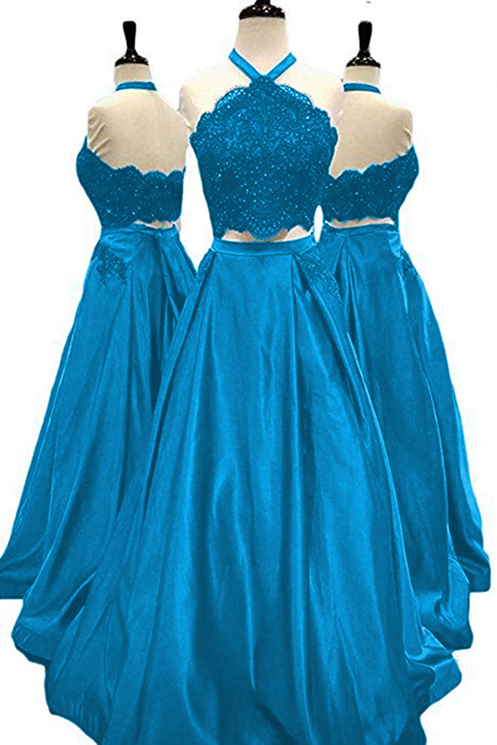 Light Blue Длинное атласное платье с лямкой на шее для выпускного вечера, 2 предмета, с карманами, без рукавов, с аппликацией, Вечернее Бальное Платье, vestidos de gala - Цвет: Light Blue