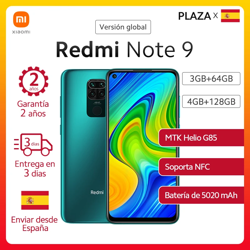 Xiaomi-Smartphone Redmi Note 9 de 128GB, teléfono inteligente Redmi Note 9 de versión Global, RAM de 64GB, NFC, cámara cuádruple de 48MP, batería de 5020mAh, carga rápida de 18W, pantalla táctil de 6.53