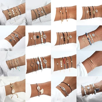 

18 Styles Bohemian Beads Chain Bracelets Bangles for Women Fashion Vintage Heart Compass Gold Color Chain Bracelets Sets Jewelry