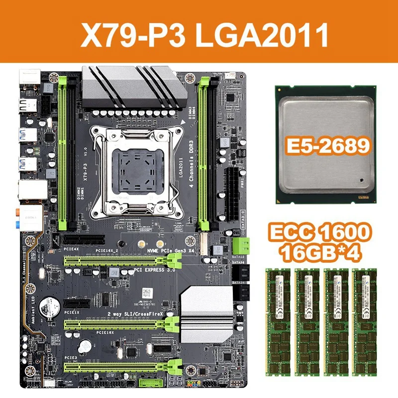  X79-P3 LGA 2011 ATX Gaming Motherboard DDR3 RAM Memory NVME M.2 SSD Support for Intel Xeon Core CPU