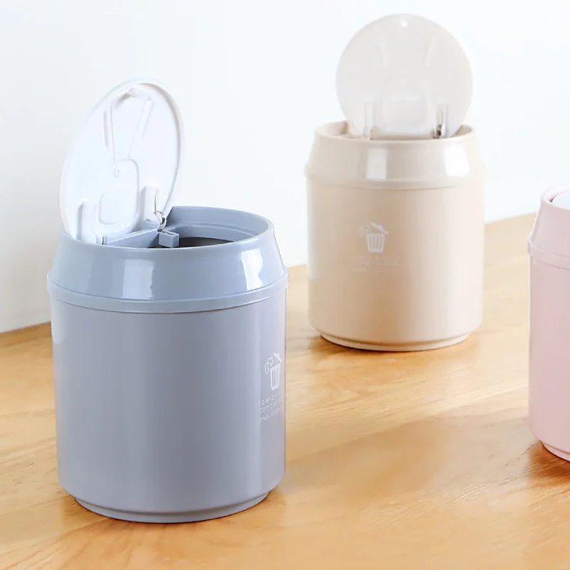 Home Plastic Trash Can Press Type Round Trash Can Desktop Trash Can Detachable Cover Waste Bins For Living Room