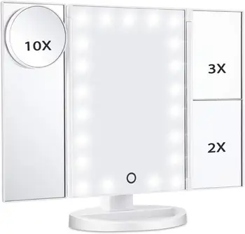

Vanity Makeup Mirror, 10X 3X 2X 1X Magnifying Mirror 21 LED Lights, Touch Screen Adjustable Brightness & Adjustable Stand, Two p