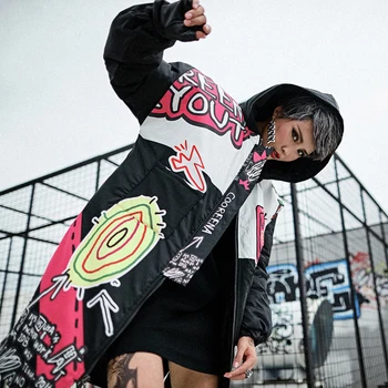 

new collection of women's cotton-padded jackets, coats and hoodies keep warm, graffiti chic and retro long pattern