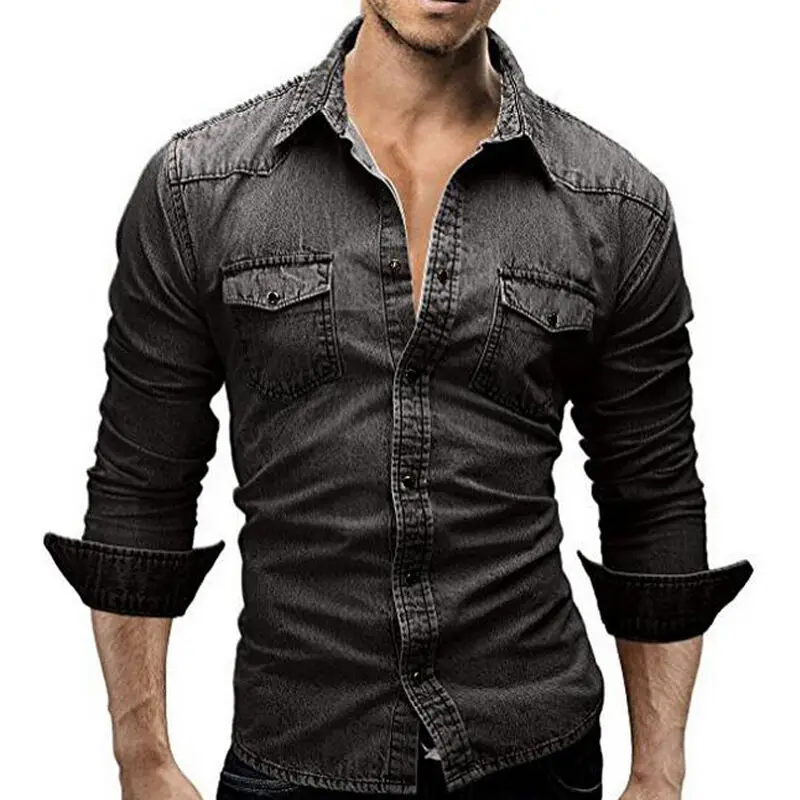 

Denim Shirt Men Jeans Casual Slim Fitness Button Shirt Top with Pocket Male Wash-Vintage Blouse Long Sleeve Autumn Shirt
