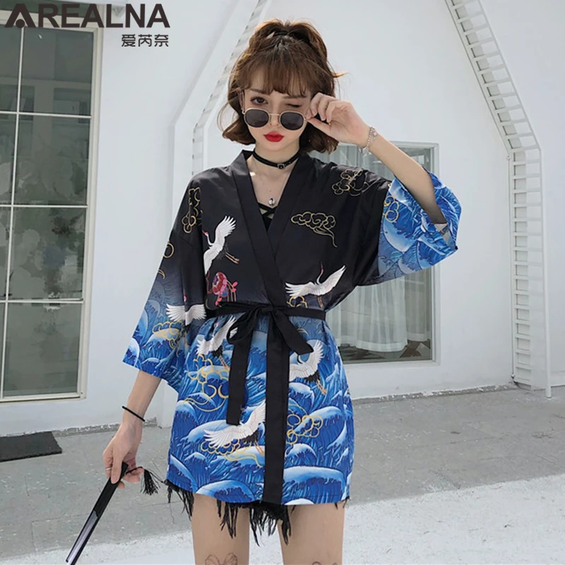 Japanese Kimono Traditional Anime Lucky Cat Women Cardigan with Blet Dress Summer Beach Yukata