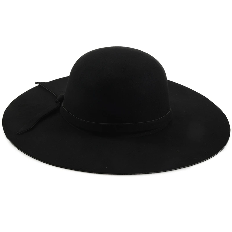 Черные мягкие дамы флоппи широкие поля Клош Fedora платье шляпа ретро шерсть бант
