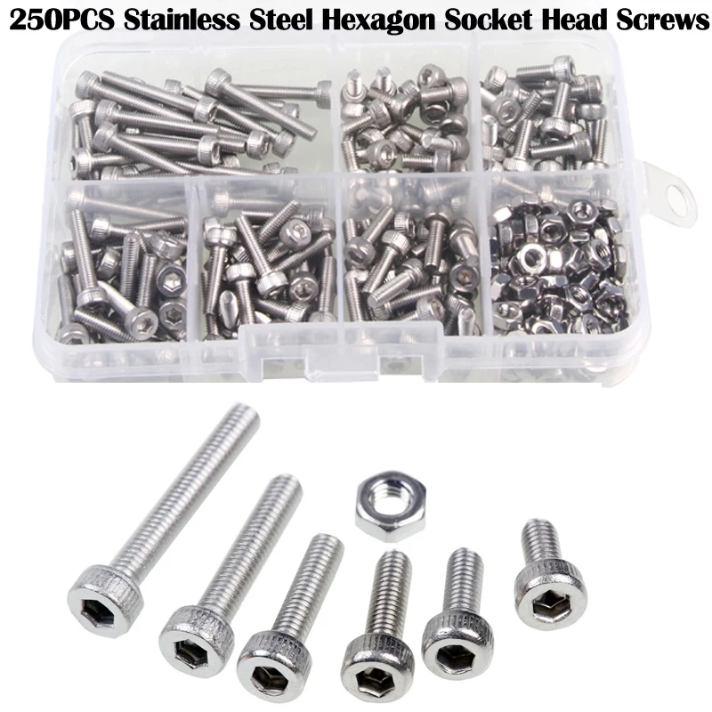 

250Pcs M3 Stainless Steel Hexagon Socket Head Screws & Nuts 0.5(Pitch) Set Repair Tools for Metal Working/Electrical