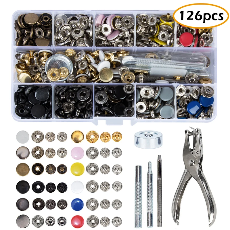 

126PCS DIY Sewing Supplies Set 10 Colors Metal Snap Button Grommets Fasteners Kit with 5 Fixing Tools Transparent Storage Box