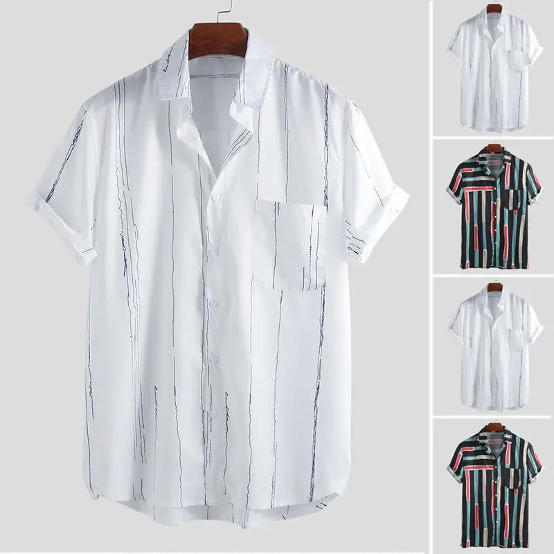 

Striped Patchwork Men Shirt Lapel Neck High Quality Vacation Summer Hawaiian Shirts Hombre Short Sleeve Blouse Streetwear 2019