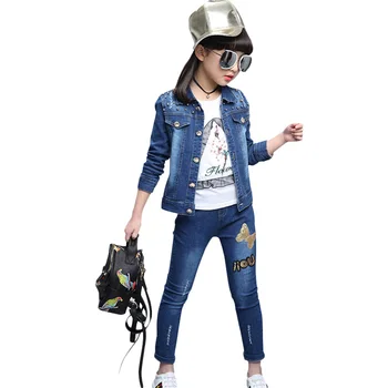 

Kids Clothes Girls Denim Jacket + Jeans + T-shirt 3 Pcs Suit For Girls Butterfly Sequined Girls Clothing Fall Girls Casual Suits
