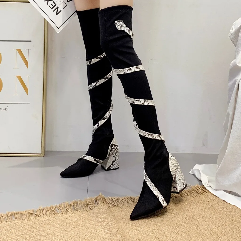 New Autumn Winter Over the knee Women Boots High Tie Strap Snake Boots Zapatos De Mujer Pointed Slim Botas Mujer