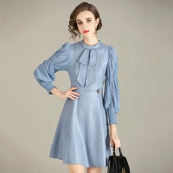 

Autumn Dress Ladies 2020 New Women Fashion Round Neck Solid Color Slim A-Line Elegant OL Dresses Blue Pink Above The Knees S-XL