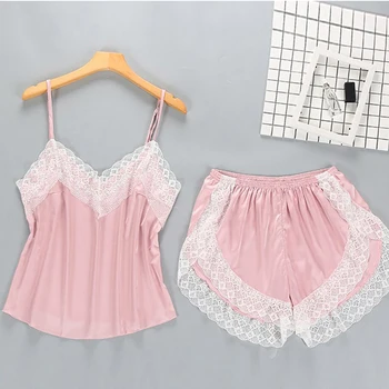 

2 Pieces Pyjamas Women Solid Soft Sexy Nightwear Suit Lace Lingerie Set Pleated Sleepwear Sets 2020 Strap Women Top+Loose Shorts