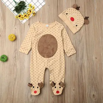 

0-18 Months Newborn Baby Boy Girl Xmas Jumpsuit Long Sleeve Footie Deep Jumpsuit Footie Hat Christmas Set Newborn Xmas Clothes