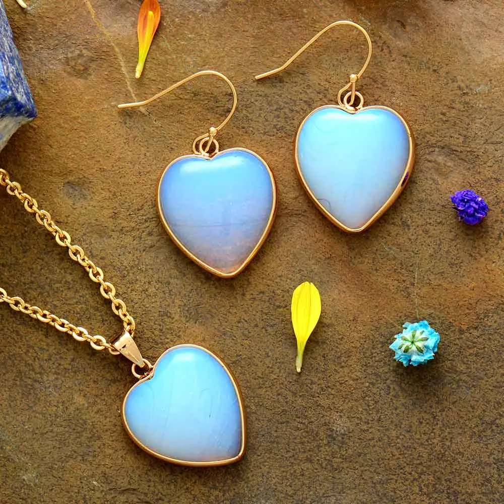 Natural Stone Heart Shape Necklace Earring Set Opal Gold Tone Jewelry Sets Classic Elegant Teengirls Women Anniversary Jewelry