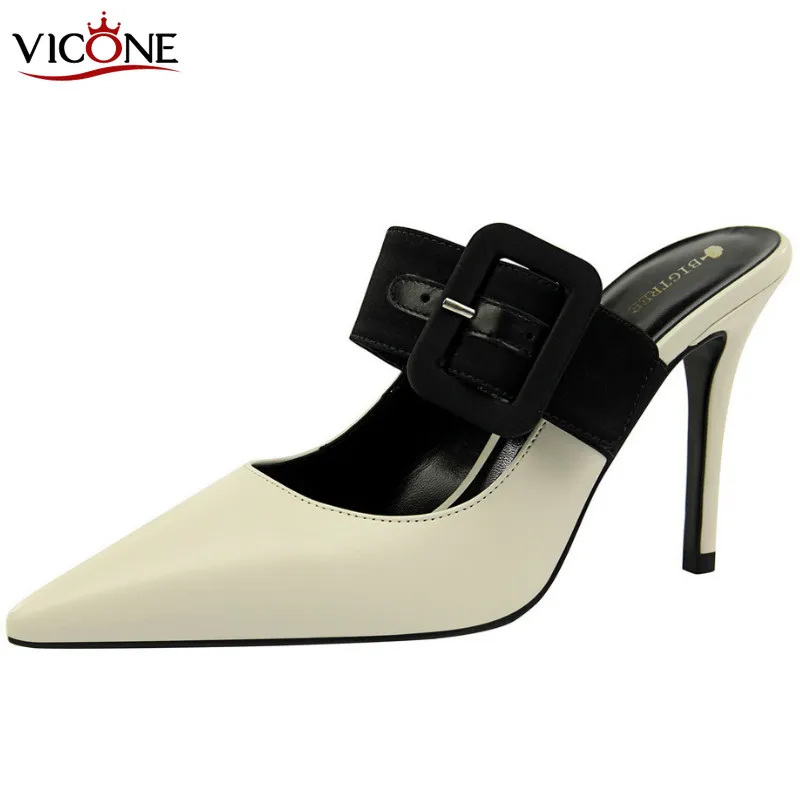 

Vicone Fashion Simple Closed-toe Drag Thin Heeled High-Heel Shallow Mouth Pointed A- line with Belt Buckle WOMEN'S Slippers