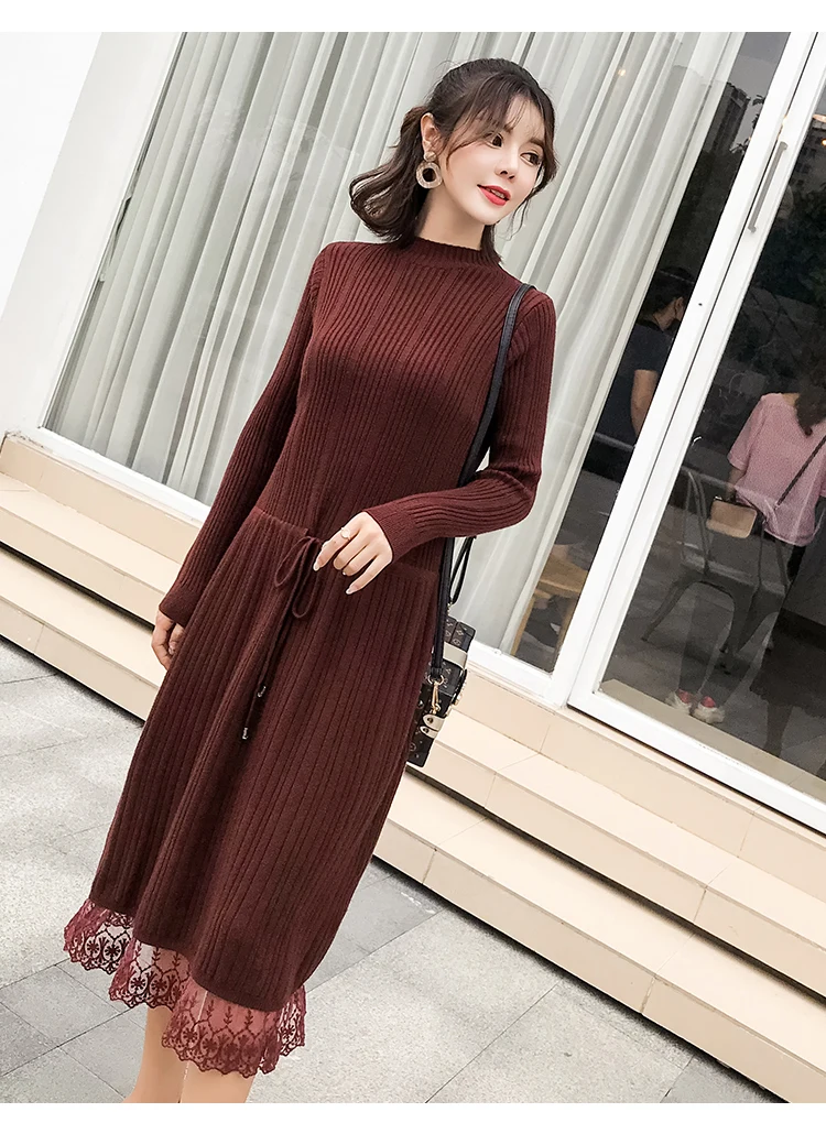 autumn and winter new sweater knit dress lace long sweater Korean fashion pregnant sweater