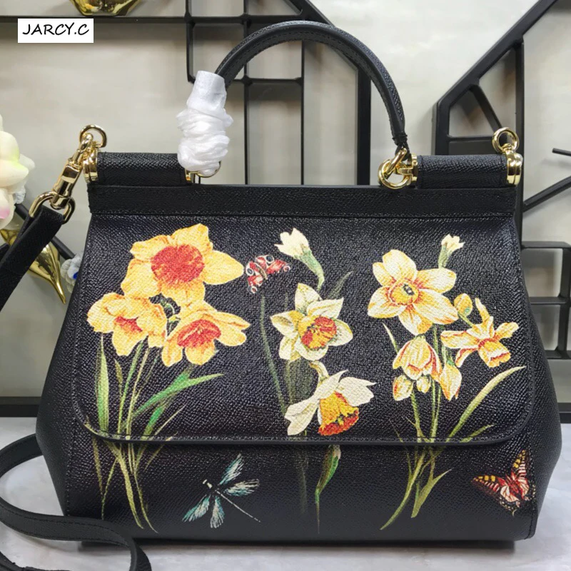

Genuine Leather Women Handbag Satchel Bag Flower Printed Painted Shoulder Bag Real Cow Leather Tote Luxury Famous Brand Designer