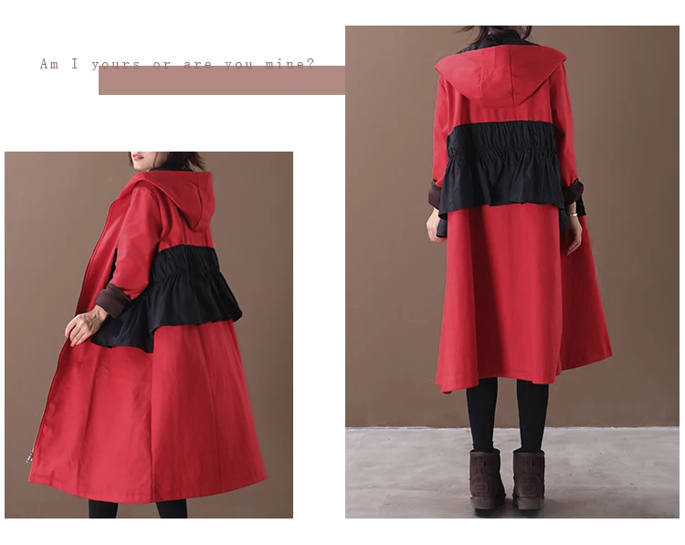 female new autumn and winter plus size korean style outerwear literary ruffled stitching hooded with velvet loose trench