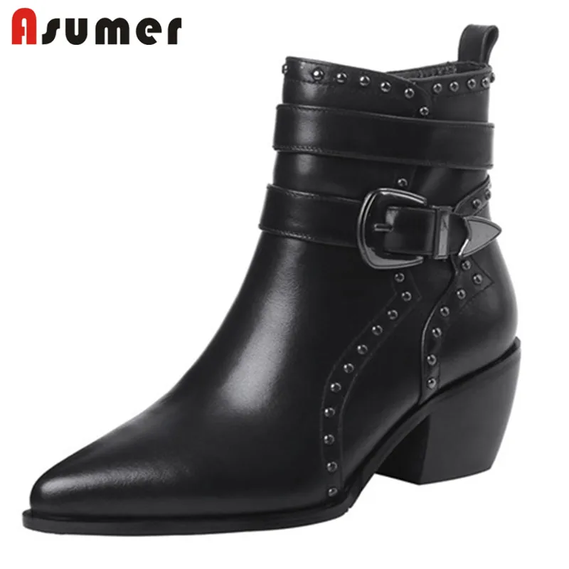 ASUMER/Новинка года; ботильоны из натуральной кожи; женские ковбойские ботинки с острым носком и заклепками; модная женская обувь; сезон осень-зима