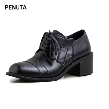 

2020 PENUTA Women Pumps Shoes Chunky Heel Ladies Genuine Leather Runway Heels Square Toe Black Beige Shoes Fashion Design G0018