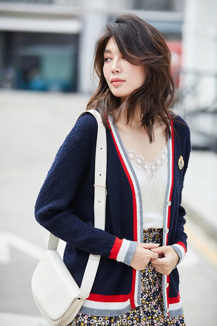 fall Women Autumn Preppy Style Casual Loose Contrast Striped cardigan Wool Knitted Red Sweater jersey mujer sueter damski