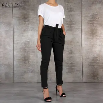

ZANZEA Women Long Pants 2020 Fashion Ladies Elastic High Waist Belted Trousers Female Casual Loose Solid Pantalones Streetwear 7