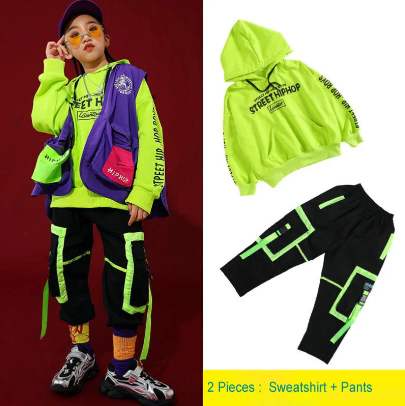 2 pcs set Для детей 6, 8, 10, 12, 14, 16 лет, свободные толстовки с капюшоном, жилет, штаны, джазовый костюм, детская Одежда для танцев в стиле хип-хоп, танцевальные костюмы для мальчиков и девочек - Цвет: 2 pcs set