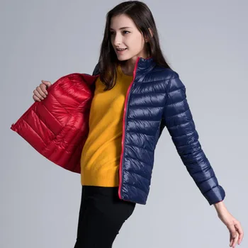 

Women Warm Down Jackets Fall Super Light Thin Style Autumn Winter Female Slim Short Coats Stand Collar Fashion Double-sided Wear