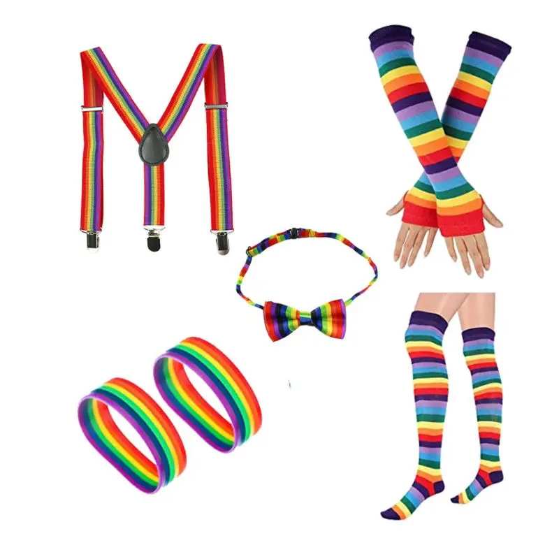 Костюм радуги для костюмированной вечеринки для взрослых и детей; Комплект носков на подтяжках с галстуком-бабочкой; перчатки; браслеты