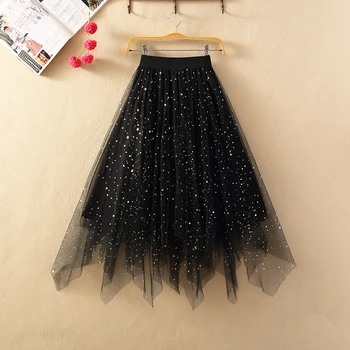 

Ins super fire skirt 2019 new fall mid length irregular star mesh skirt high waist fairy skirt
