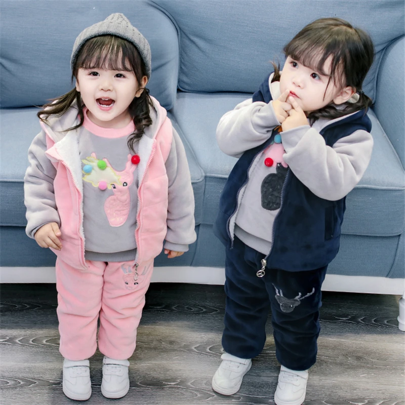 Fashion Baby Boys Girls Cartoon Deer Clothes Children Add Cotton Hooded Vest T-shirt Pants 3Pcs/Set Autumn Winter Kids Tracksuit