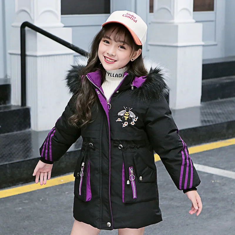 Зимняя модная теплая длинная куртка с цветным воротником и капюшоном для девочек хлопковая куртка с рисунком пчелы для девочек