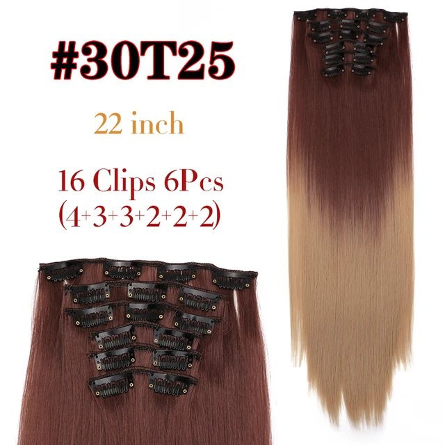 Synthetic 6H/613# Clip In On Hair Extensions 6Pcs/Set 16 Clips Hair Extension Full Head 55Cm Straight Synthetic Fiber Hairpieces 30T25