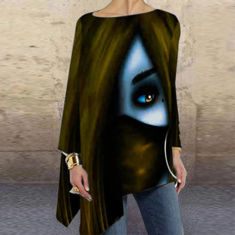 Women Irregular Face Eye Ptinted T Shirt Lady