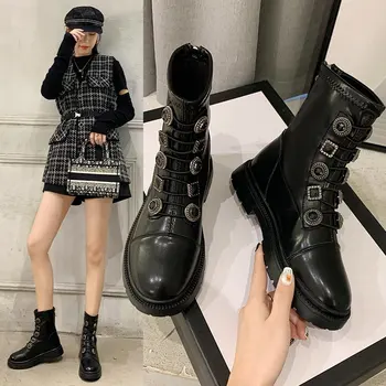 

Retro buckle British style women's boots 2020 new winter plus velvet warm low-heeled female Martin boots