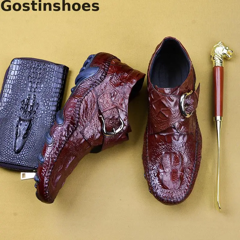 

Casual Leather Shoes Black Brown Men Shoes Genuine Cow Leather Crocodile Printed Single Buckle Strap Monk Shoes Round Toe Shoes