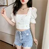 Blouse Et Chemisier Femme Vintage Square Neck Back Bow Bandage Sexy Crop Top Short Sleeve Summer Floral Embroidery Shirts Women 2