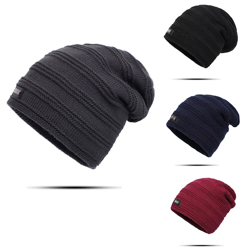 

Winter Hat Men knitted Hats Wool Lining Thick Warm Woolen Cap Stripe Bonnet Soft Cotton Skullies Mens Beanie Hats