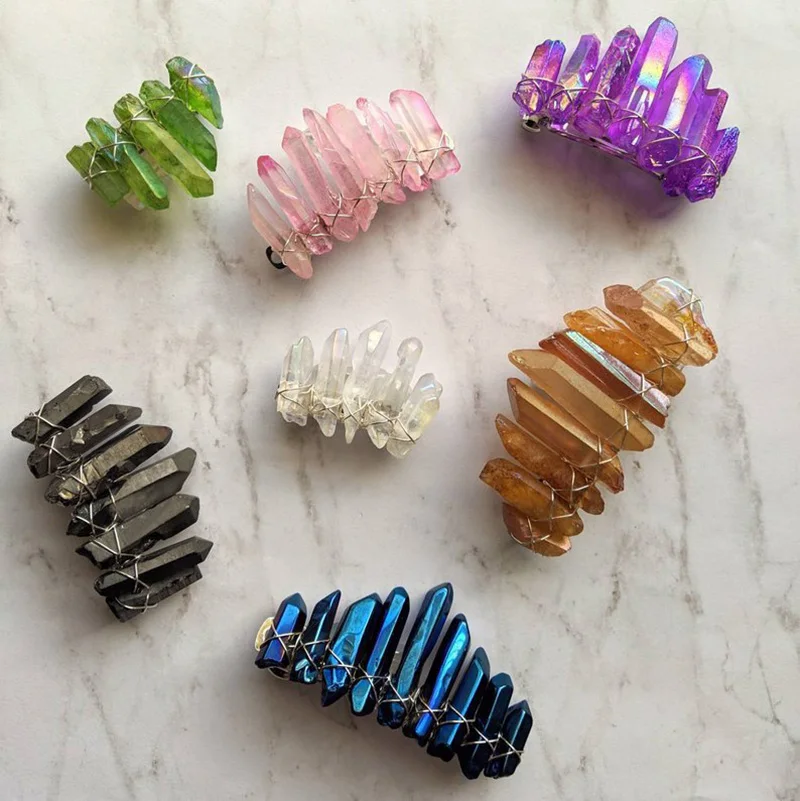 

Angel Aura Crystal Barrette Natural Stone Bohemia Ponytail Clips for Women French Clip Rainbow Quartz Hair Accessories
