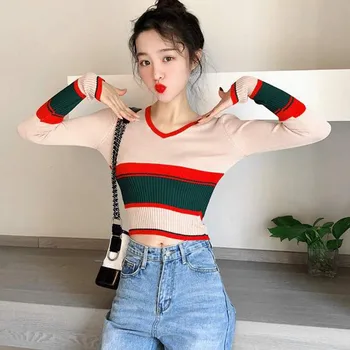 

Fashion sweater women's V-neck long-sleeved casual knitted sweater short paragraph navel slim sweater