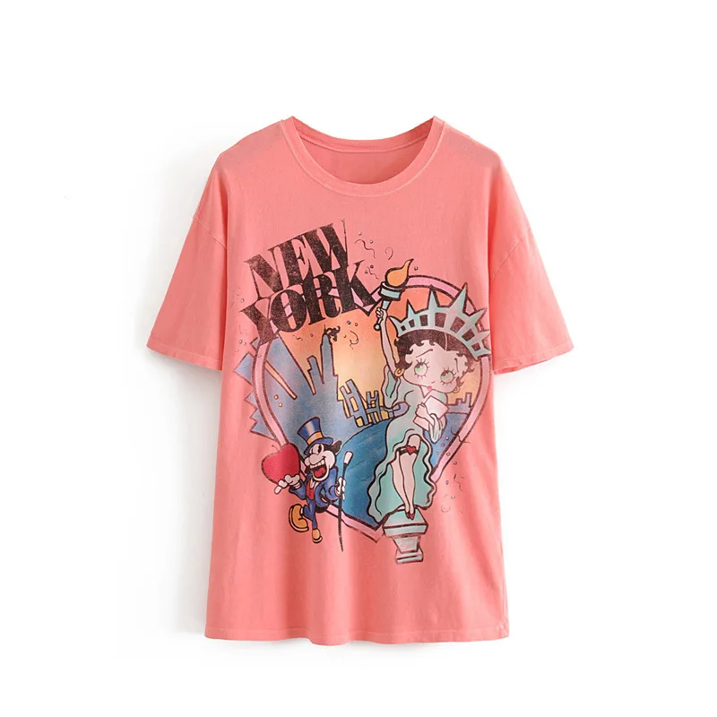 

2019 Women Statue of Liberty Cartoon print Tee Summer O neck Short sleeve Pink Shirt Letters T shirt Female Tops A083